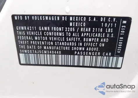 2012 Volkswagen Jetta 2.5L Se из США, поврежденный, VIN 3VWDX7AJ5CM340448